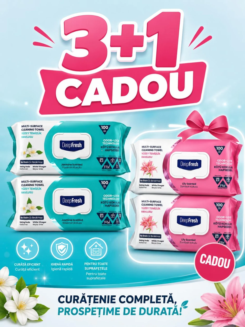 Promo 3+ 1 Șervețele cu otet si bicarbonat ( 2 CRIN-PINK si 2 IASOMIE-VERDE)