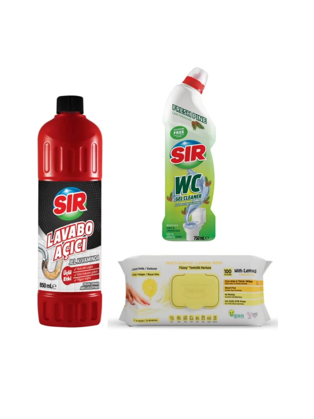  GEL DESFUNDAT TEVI 850ml + 1 GEL WC VERDE  750ML + 1 SERVETELE BICARBONAT SI OTET GALBEN 100 BUC 