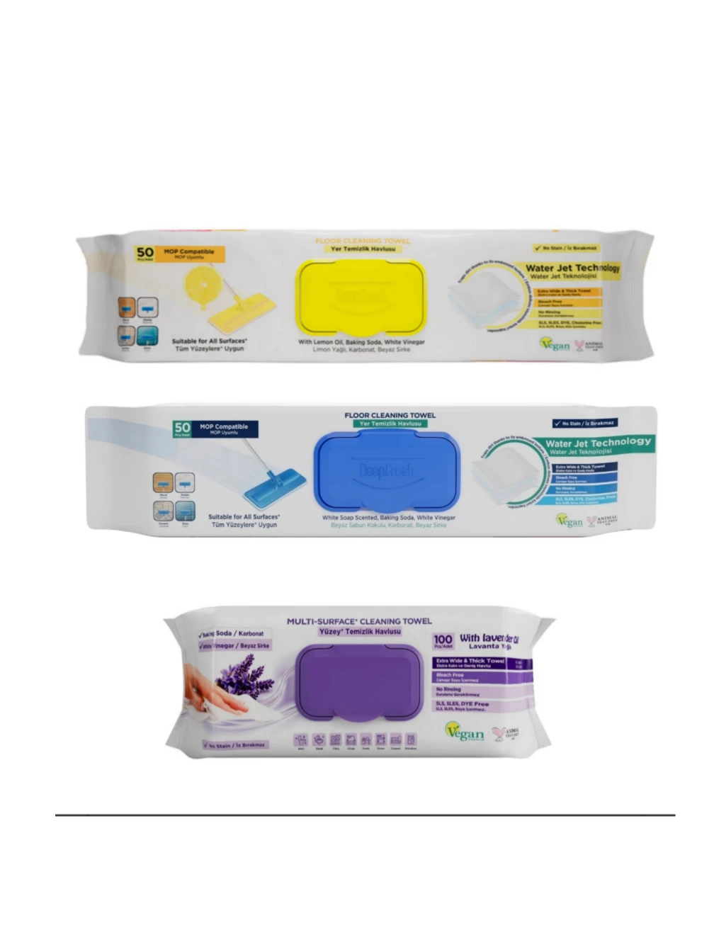 SET - 1 x SERVETEL MOP PENTRU PARDOSELI CU OTET SI BICARBONAT ALBASTRU 50BUC/PACHET + 1 x SERVETEL MOP PENTRU PARDOSELI CU OTET SI BICARBONAT LAMAIE ( GALBEN5) 50 BUC/PACHET 1 x SERVETELE OTET SI BICARBONAT LAVANDER 100BUC/PACHET