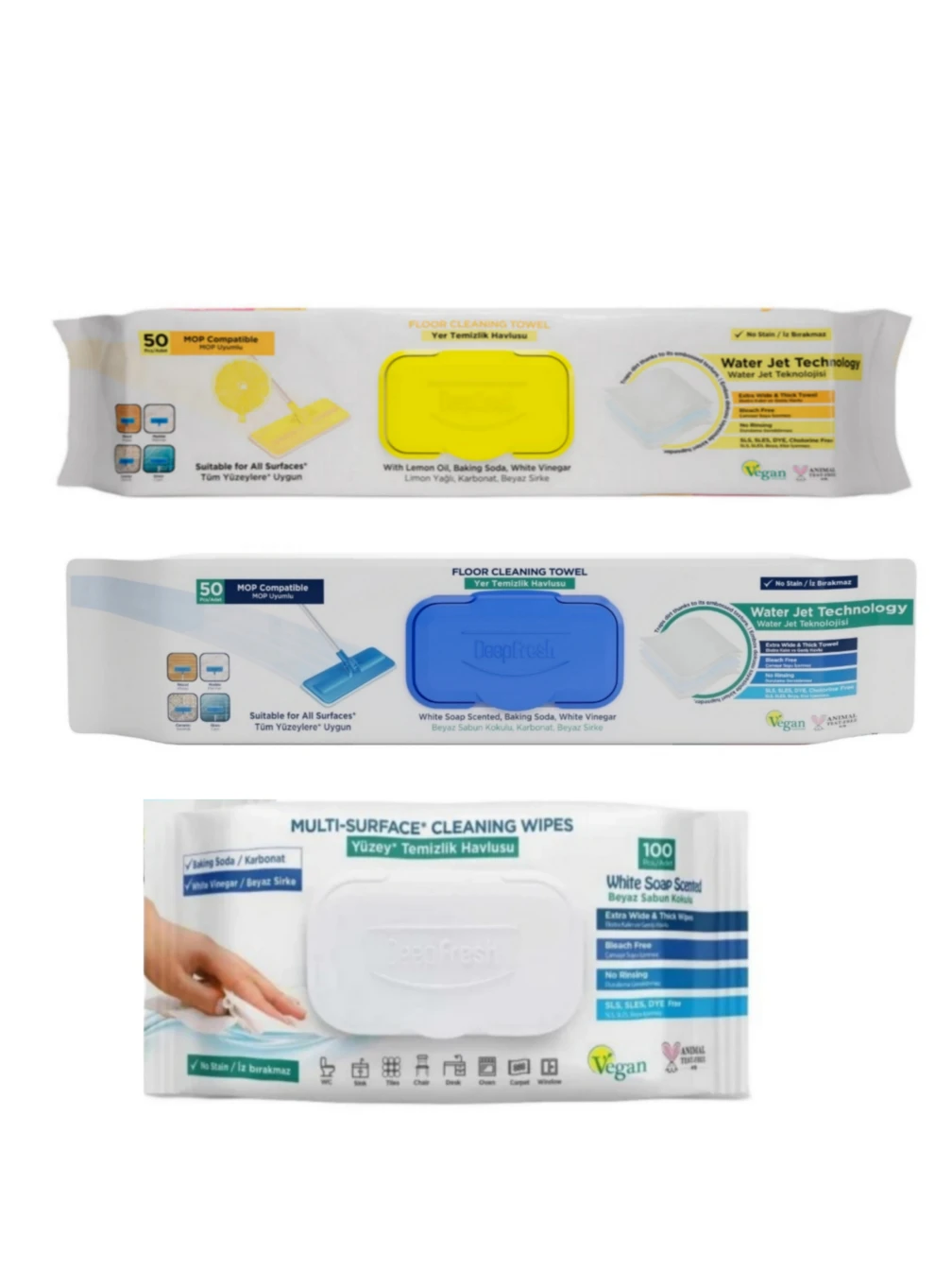 SET - 1 x SERVETEL MOP PENTRU PARDOSELI CU OTET SI BICARBONAT ALBASTRU 50BUC/PACHET  + 1 x SERVETEL MOP PENTRU PARDOSELI CU OTET SI BICARBONAT LAMAIE ( GALBEN5) 50 BUC/PACHET  1 x SERVETELE OTET SI BICARBONAT ALBASTRU 100BUC/PACHET