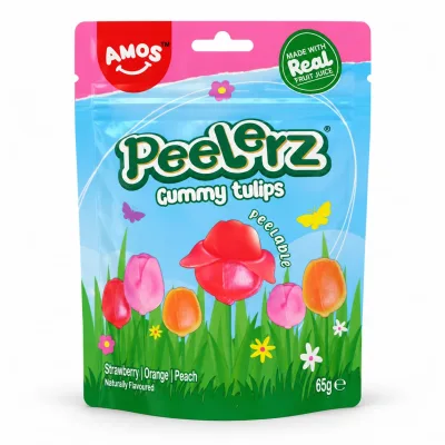 Amos Peelerz Gummy Tulips – Jeleuri gumate decojibile cu aromă de căpșuni, portocale și piersici, 65 g